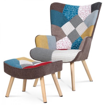 Pihenőfotel, Lábtartóval, Patchwork Színben, Tömör Fa Lábakkal AK-305_PW2 
