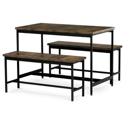 Étkezőgarnitúra 1 asztal +2 pad, asztal mérete 110x60x75, pad mérete 98x30x47, MDF, Öregtölgy színben. Nem víz és Uv álló.