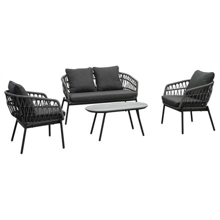 Kerti garnitúra 1+1+2, asztal 90x48 cm., székek és kétszemélyes ülőrész, Antracit műrattan, antracit fém, sötétszürke vízálló szövet.
