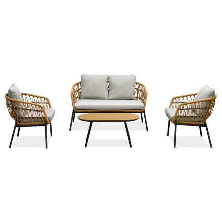Kerti garnitúra 1+1+2, asztal 90x48 cm., székek és egy kétszemélyes ülőrész, természetes hatású műrattan, antracit fém, világosszürke vízálló szövet