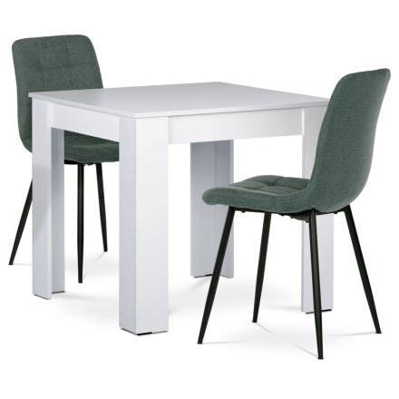 Étkezőgarnitúra 1+2, asztal 80x80 cm, fehér MDF, székek zöld szövet kárpittal