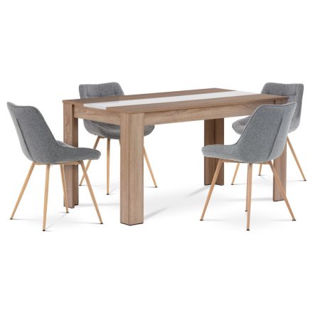 Étkezőgarnitúra 1+4, asztal 138x80cm, MDF sonoma tölgy. Székek szürke szövet kárpittal, fém lábak tölgy dekorral