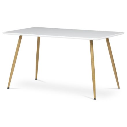 Étkezőasztal 140x80, MDF, fehér matt asztallap, fém lábak tölgy színben