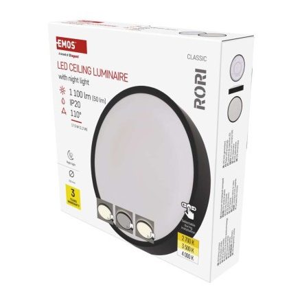 LED felületi lámpatest RORI kerek, fekete, 17W, CCT