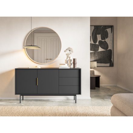 VIVA VI02 komód 2 ajtóval és 3 fiókkal, 154 cm – fekete / fényes fekete / arany fogantyúk